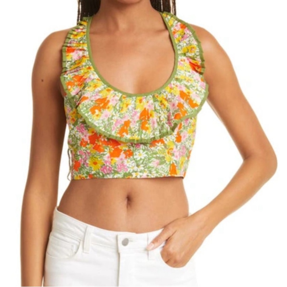Alemais Cabana Crop Ruffle Pleat Cotton Silk Halter Top Women’s Size 2